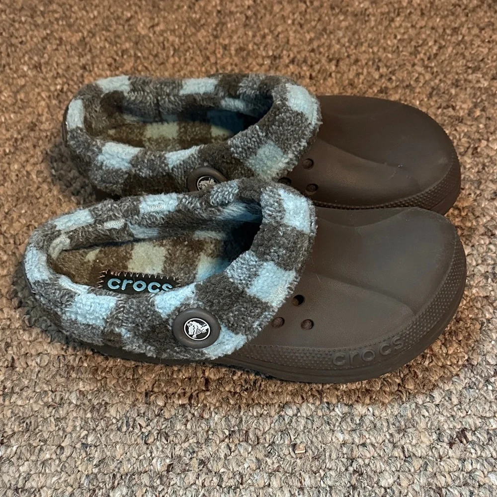 CROCS Kids' Brown and Blue Plaid Lined Slippers - Picture 2 of 5
